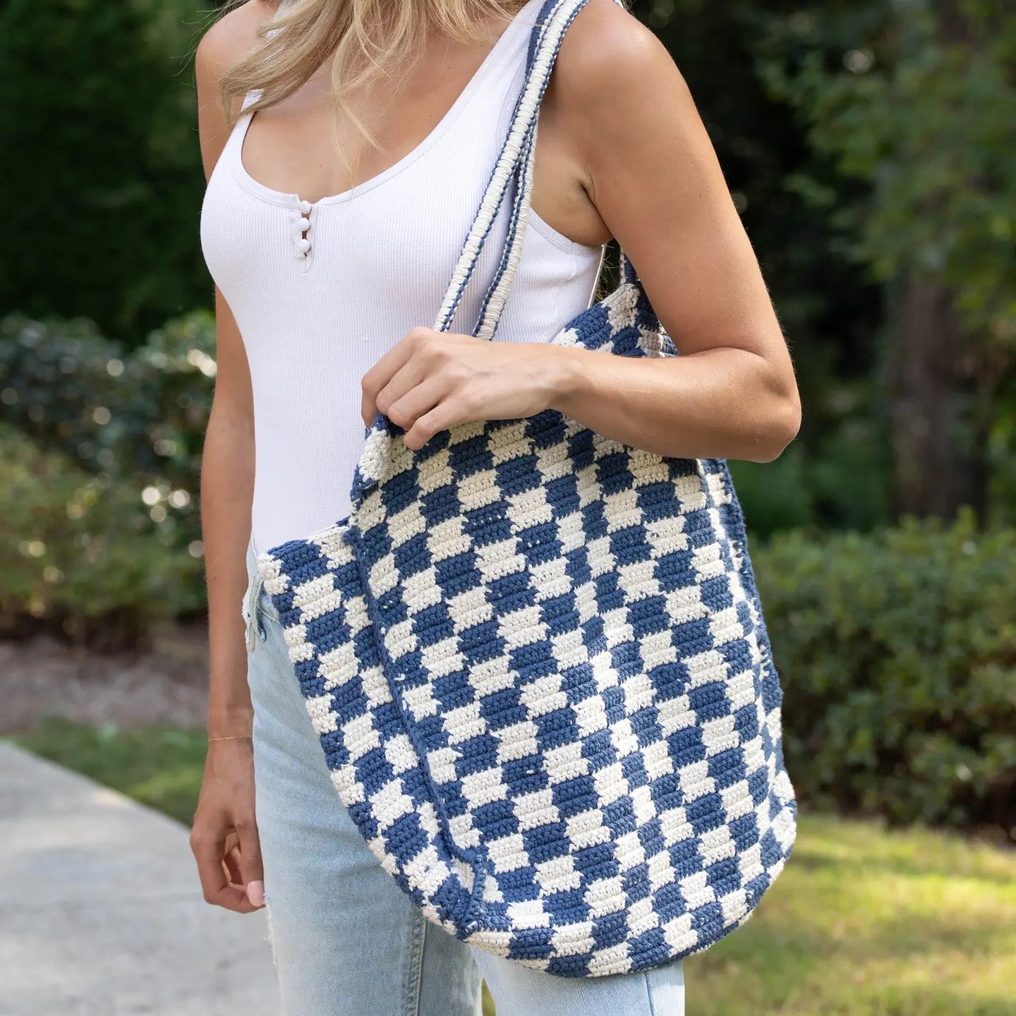 Denim Blue Checkered Tote